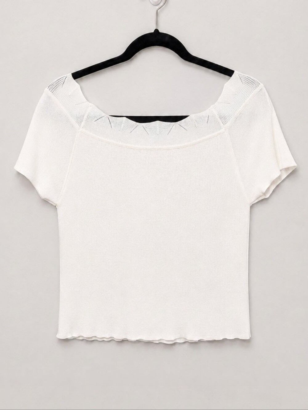 4SI3NNA Ivory Knit Scalloped Boatneck Short Sleeve Top Size L